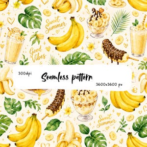 Könnte beinhalten: Ein nahtloses Muster mit Aquarellillustrationen von gelben Bananen, Bananendesserts in Glasschalen, schokolierten Bananen am Stiel, tropischen grünen Blättern und weißen Blüten. Der Text lautet Sweet Summer und Good Vibes.