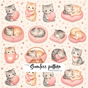 Kawaii Valentine Kittens Clipart Collection | Cute Baby Cats with Hearts | Watercolor Nursery PNG | Sublimation Design | Commercial Use