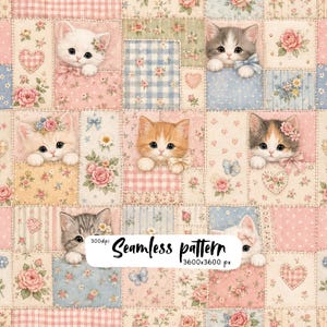 Pode incluir: Um padrão sem costuras com um design de patchwork de gatinhos, rosas, corações e xadrez vichy em cores pastel suaves. A imagem inclui o texto: 300dpi Seamless pattern 3600x3600 px. Os gatinhos são mostrados a espreitar de dentro dos quadrados.
