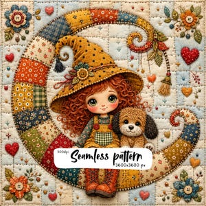 Patchwork Witch Girl and Puppy, Quilted Crescent Moon, Kawaii Halloween Digital Paper, Autumn Sewing Art, Scrapbook Download