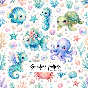 Cute Sea Animals Seamless Pattern, Kawaii Ocean Digital Paper, Turtle Fish Seahorse Octopus Crab Coral Fabric Design