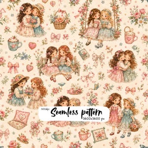 Best Friends Seamless Pattern PNG, Vintage Girls Cottagecore Floral Bows, Coquette Friendship Digital Paper, 300 DPI