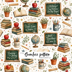 Pode incluir: Um padrão contínuo com ilustrações de temática escolar, incluindo pilhas de livros, maçãs vermelhas, globos, plantas em vasos, lápis em canecas, réguas e quadros-negros com os textos Helping Tiny Humans Do Big Things, Teach Love Inspire, Best Teacher Ever e Learning is a Journey.