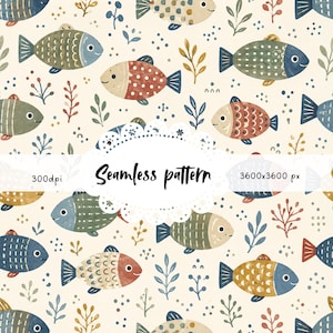 May include: A seamless pattern featuring whimsical fish illustrations in various colors, including blue, red, and green, interspersed with botanical elements. The text "Seamless pattern" is displayed in a decorative font.