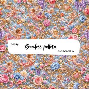 Pode incluir: Um padrão sem costuras com querubins alados com arcos e flechas, rodeados por flores cor-de-rosa e azuis, volutas douradas e ornamentos em forma de coração sobre um fundo azul. O texto 300dpi, Seamless pattern, 3600x3600 px é visível.