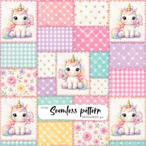 May include: A seamless pattern featuring a patchwork design of squares with illustrations of white unicorns with rainbow manes and pink butterflies, pink and purple hearts, gold stars, floral prints, and gingham checks in pink, blue, and yellow.
