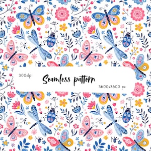 Könnte beinhalten: Ein nahtloses Muster mit blauen und rosa Schmetterlingen, Libellen und Käfern, durchsetzt mit bunten Blumen und Blättern auf weißem Grund. Das Bild enthält den Text 300dpi, Seamless pattern, und 3600x3600 px.