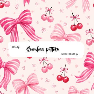 Könnte beinhalten: Ein nahtloses Muster mit rosa-weiß gestreiften Schleifen und Paaren roter Kirschen auf hellrosa Grund mit kleinen Herzformen. Ein weißes Rechteck zeigt den Text 300dpi, Seamless pattern, und 3600x3600 px.