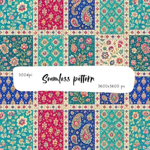 May include: A digital seamless pattern featuring a grid of rectangular panels with floral, paisley, and geometric motifs in shades of teal, magenta, and blue. The image includes the text 300dpi, Seamless pattern, and 3600x3600 px.