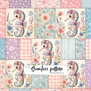 Cute Patchwork Seahorse Seamless Pattern | Coastal Nursery Quilt Fabric | Pastel Ocean Floral Digital Paper | Printable PNG
