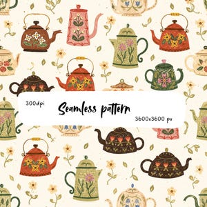 Pode incluir: Um padrão sem emendas com várias bules ilustrados em tons de vermelho, verde, castanho e creme, decorados com motivos florais e pequenas flores amarelas. A imagem inclui o texto 300dpi, Seamless pattern e 3600x3600 px.
