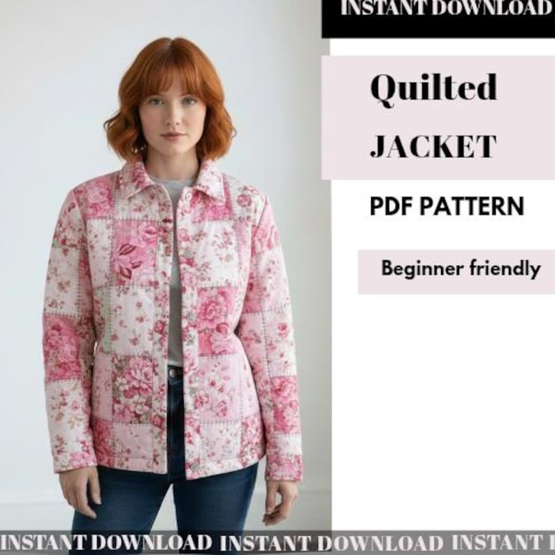 K&ouml;nnte beinhalten: Eine Steppjacke mit Patchwork-Design mit rosa Blumenmustern. Die Jacke hat eine Knopfleiste vorne und einen Kragen. Das Bild enth&auml;lt auch den Text "Quilted JACKET PDF PATTERN Beginner friendly".
