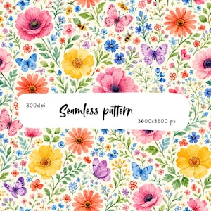 Motivo senza soluzione di continuità con prato fiorito ad acquerello, stampa su tessuto con farfalle e fiori, motivo botanico ripetuto in stile cottagecore, piastrella artistica per carta da parati con giardino primaverile