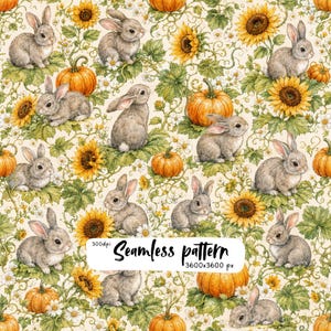 May include: A seamless pattern featuring watercolor illustrations of gray rabbits, orange pumpkins, and yellow sunflowers with green leaves on a cream background. The image includes the text 300dpi Seamless pattern 3600x3600 px.