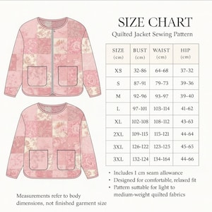 May include: A pink quilted jacket sewing pattern with a size chart. The jacket design features a patchwork pattern and two front pockets. The size chart includes bust, waist, and hip measurements in centimetres.