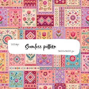 Op de afbeelding: Een digitaal naadloos patroon bestaande uit een patchwork van rechthoekige blokken met bloemmotieven en geometrische patronen in roze, paarse, oranje en turquoise tinten. De tekst 300dpi, Seamless pattern, 3600x3600 px staat in het midden.