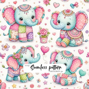 Kawaii Patchwork Elephant Seamless Pattern, Cute Nursery Digital Paper, Pastel Watercolor Quilt Fabric Print