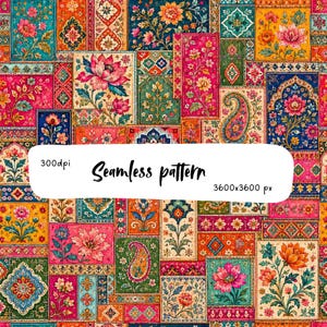 May include: A seamless pattern featuring a vibrant patchwork of rectangular panels with intricate floral, paisley, and geometric motifs in shades of pink, orange, blue, green, and yellow. The text 300dpi, Seamless pattern, and 3600x3600 px is visible.
