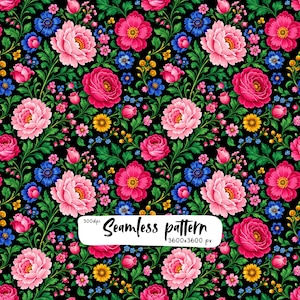 Op de afbeelding: Een naadloos patroon met levendige roze, rode en lichtroze pioenen, kleine blauwe korenbloemen en gele bloesems met groene bladeren op een zwarte achtergrond. Een wit rechthoekig label toont de tekst 300dpi Seamless pattern 3600x3600 px.