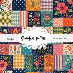 Pode incluir: Um padrão de patchwork colorido com desenhos florais e geométricos em quadrados. Os quadrados incluem flores, bolinhas, listras e xadrez em tons de vermelho, laranja, azul e verde. O texto "Seamless pattern" está no centro.
