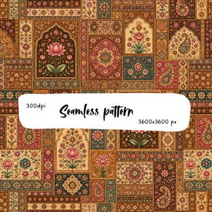 May include: A seamless pattern featuring a patchwork of rectangular panels with intricate floral, paisley, and geometric motifs in shades of brown, red, teal, and cream. A white overlay displays the text 300dpi, Seamless pattern, and 3600x3600 px.