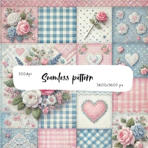May include: A digital seamless pattern featuring a patchwork quilt design with squares of pink and blue gingham, white polka dots, and floral arrangements of roses. The image includes text that reads 300dpi, Seamless pattern, and 3600x3600 px.