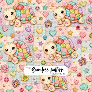 Può includere: Un motivo senza giunture con tartarughe a cartoni animati con gusci patchwork in colori pastello, intervallato da bottoni, stelle e cuori. L'immagine include il testo Seamless pattern 300dpi 3600x3600 px in un riquadro bianco.