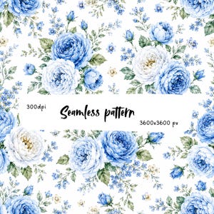 May include: A seamless pattern featuring clusters of blue and white roses with green leaves on a white background. The image includes the text 300dpi, Seamless pattern, and 3600x3600 px printed in black across the center of the floral design.