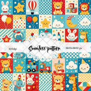 Könnte beinhalten: Ein nahtloses Muster aus einem Raster bunter Quadrate mit Illustrationen von Teddybären, Hasen, Giraffen, Elefanten, Heißluftballons, Sternen, Monden, Wolken und Alphabet-Blöcken in Rot, Blau, Gelb und Weiß, mit Textüberlagerung.
