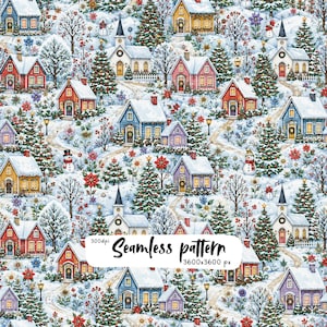 Op de afbeelding: Een naadloos patroon met een winters dorpsgezicht met kleurrijke huizen, kerken, besneeuwde bomen en sneeuwpoppen. Het ontwerp bevat rode, blauwe, gele en paarse gebouwen die versierd zijn voor de feestdagen in een sneeuwlandschap.