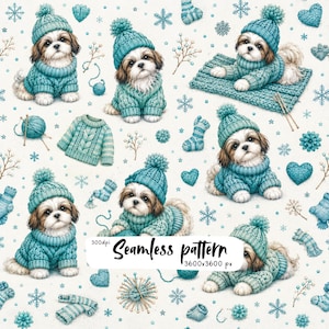 Op de afbeelding: Een naadloos patroon met Shih Tzu-puppy's in teal gebreide truien en bijpassende mutsen met pompons, afgewisseld met garenbollen, breinaalden, hartjes, sneeuwvlokken en truien op een witte achtergrond met de tekst Seamless pattern 300dpi 3600x3600 px.