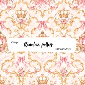May include: A seamless pattern featuring gold crowns, pink bows, and floral arrangements on a light pink background. The image includes the text 300dpi, Seamless pattern, and 3600x3600 px centered in a white rectangular overlay.