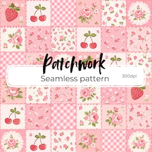 May include: A seamless patchwork pattern with squares of floral, gingham, and fruit designs. The squares feature strawberries, cherries, and roses in pink and white. The text "Patchwork Seamless pattern" is displayed.