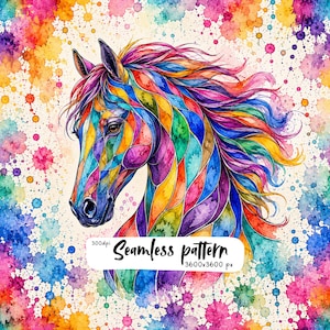 Pode incluir: Uma ilustração digital de uma cabeça de cavalo com um vibrante efeito de vitral multicolorido e crinas fluidas. O fundo consiste em salpicos de tinta aguarela colorida. O texto diz: 300dpi Seamless pattern 3600x3600 px.