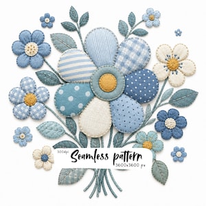 Clipart van een blauw patchwork bloemenboeket, gequilte bloemenapplicatie, cottagecore stofkunst, scrapbook sublimatieontwerp