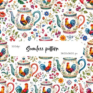 May include: A seamless pattern featuring white teapots decorated with colorful roosters and floral motifs, interspersed with red berries and small flowers. The image includes the text 300dpi, Seamless pattern, and 3600x3600 px in the center.