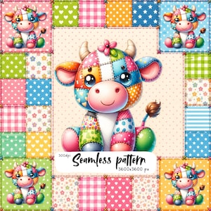 May include: A seamless pattern featuring a patchwork-style cartoon cow with a colorful, multi-patterned body, including stars, hearts, and gingham. The design includes the text "Seamless pattern 300dpi 3600x3600 px" centered at the bottom.