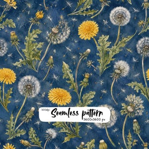 Motivo senza cuciture con dente di leone color mezzanotte | Ripetizione botanica con dente di leone ad acquerello | Tessuto floreale cottagecore blu navy | Design tessile naturalistico