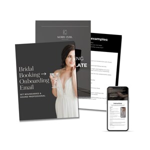 May include: A collection of documents and a smartphone. The documents include a dark gray template with the text "Bridal Booking → Onboarding Email" and a woman in a white dress. The smartphone displays instructions.