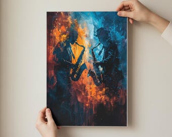 Jazz Music Poster - Vintage Jazz Club Wall Art - Saxophone Duo Print - Moody Music Room Decor