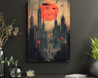 Retro poster futuristische stad - sci-fi skyline muurkunst, print in cyberpunkstijl A1