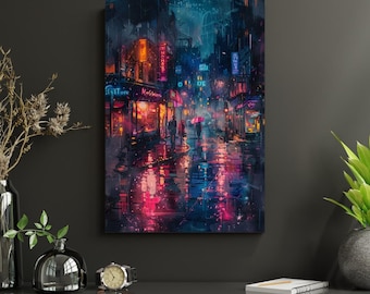 Neon City Rain Poster - Cyberpunk Night Street Wall Art Print A1