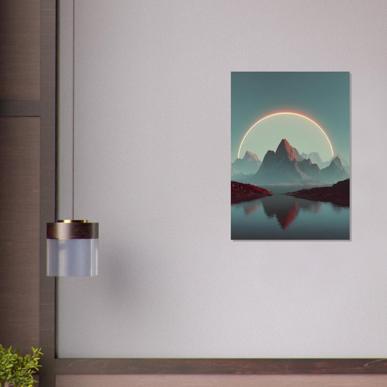 Mountain Landscape Art Print | Surreal Nature Wall Art | Teal Red ...