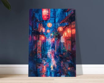 Japanese Neon Street Poster - Tokyo Alley Night Art - Cyberpunk Japan Illustration - Lantern Street Wall Decor - Japanese City Print