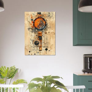 Op de afbeelding: Een artistieke print van een horloge met een oranje wijzerplaat en ingewikkelde mechanische details. Het horloge staat tegen een achtergrond van technische tekeningen en diagrammen, met een vintage, verouderde papieresthetiek. Het kunstwerk heeft een mix van oranje, bruine en zwarte tinten.
