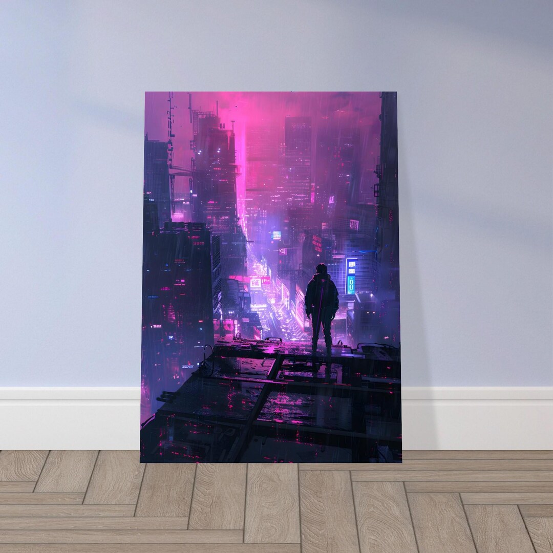 Neon Rooftop Figure Wall Art - Cyberpunk Futuristic City Print - Etsy ...