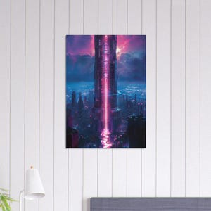 May include: A digital art print of a futuristic cityscape with a tall, illuminated tower at the center. The tower emits a bright pink light, contrasting with the dark blue and purple hues of the city and stormy sky. The artwork evokes a sense of science fiction.