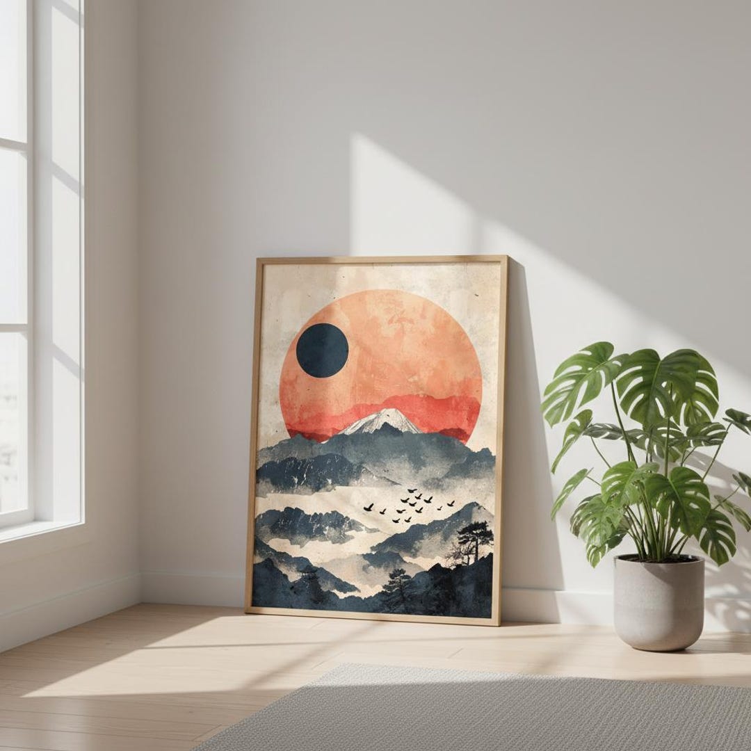 Japanese Mountain Poster - Minimalist Sun Landscape Art - Zen Wall Art ...