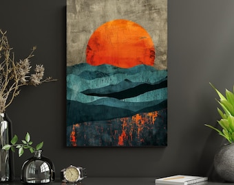 Pôster abstrato de paisagem ao pôr do sol - Impressão minimalista de arte de parede com sol, tamanho A1