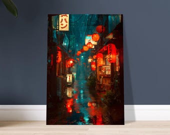 Japanese-Neon-Street-Poster-Tokyo-Alley-Rain-Lantern-Art-Cyberpunk-Japan-Wall-Decor-Night-City-Print